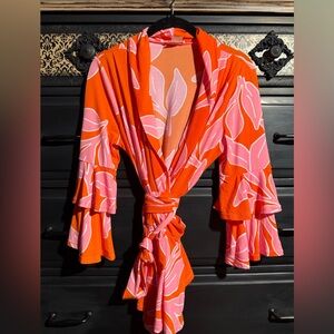 VENUS Vibrant Orange and Pink Leaf Print Wrap Top